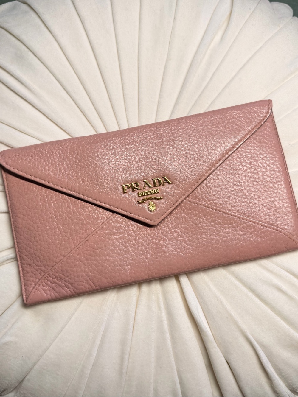 Prada Rose Pink Pebbled Leather Envelope Clutch with Gold Logo